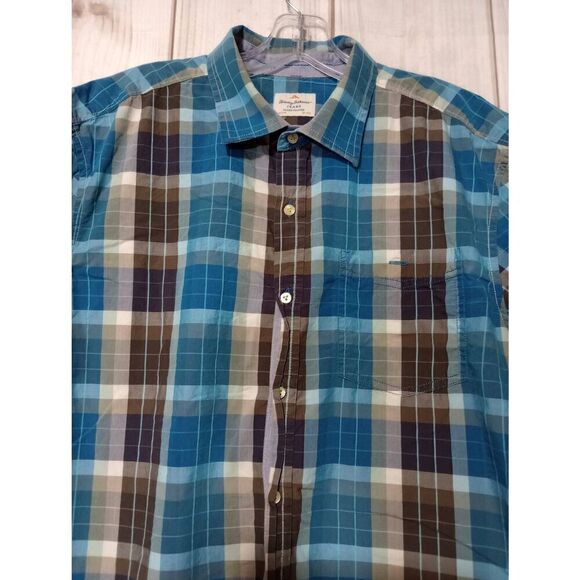 Tommy‎ Bahama Shirt Men's Large Blue Brown Short Sleeve Button Front - Picture 3 of 7